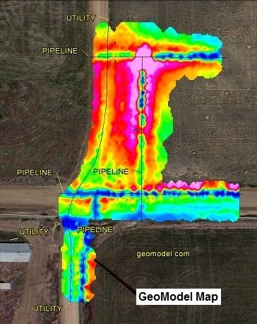 GeoModel MapOrig with a terrain conductivity survey, electromagnetic conductivity survey, and EM survey